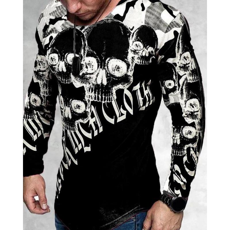 Frühling Herbst Mode Trendiges Herren Langarm Totenkopf Tier Bedrucktes T-Shirt Herren T-Shirts