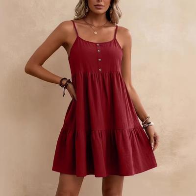 Women's U Neck Spaghetti Strap Single Breasted Tiered Loose Fit A Line Mini Casual Summer Dress