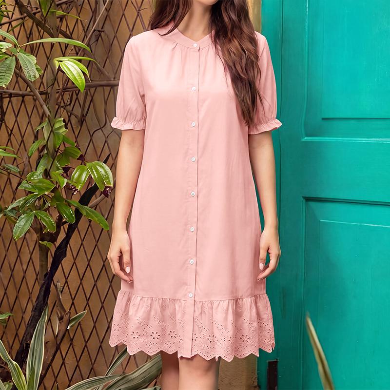 ZANZEA Women Daily Casual Round Neck Lace Crochet Splice Hem Loose Short Sleeve Dress