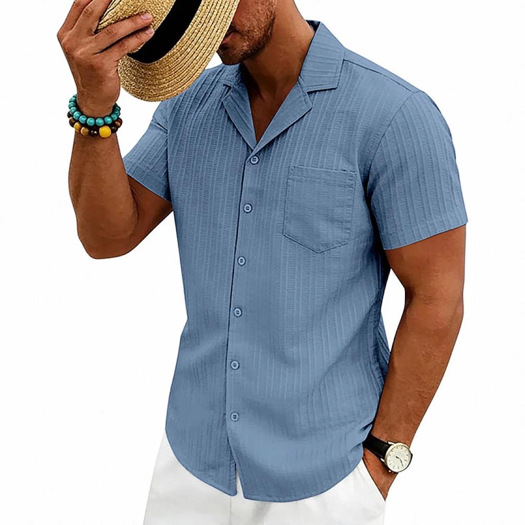 Loose Cuban Collar Short Sleeve Shirt Men's Summer Casual Solid Color Beach Shirts Men