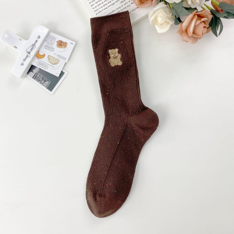 Ankela Red Socks for Women, Cotton Cotton Breathable Mid-calf Socks, Dui Dui Socks, Embroidered Bear Boneless Vertical Long Socks