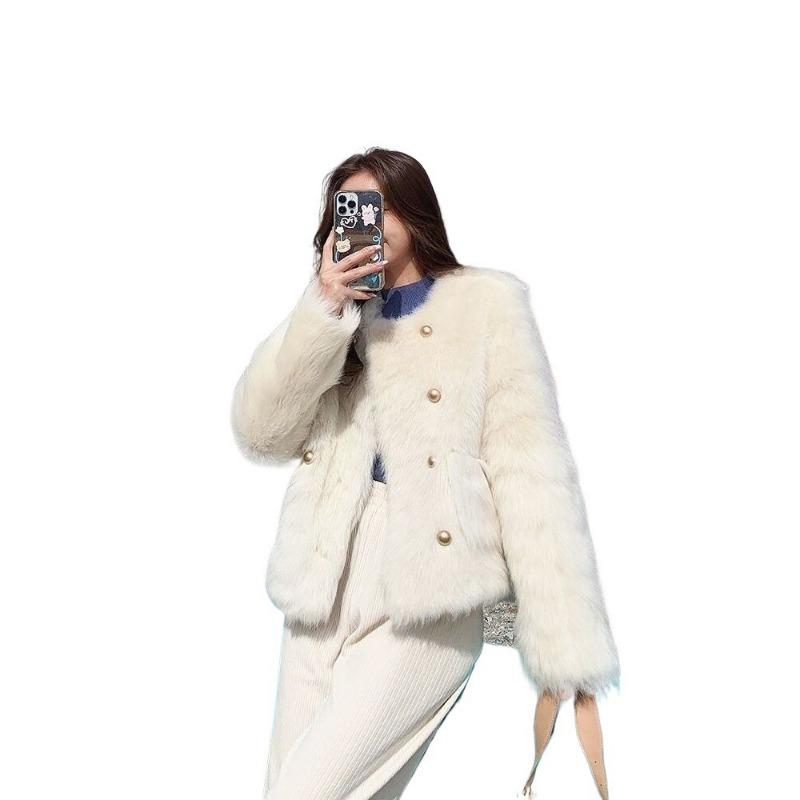 Autumn and Winter New Imitation Fur Short Coat Women's Imitation Fox Hair Round Neck Double Breasted Plush Temperament Women's Clothing