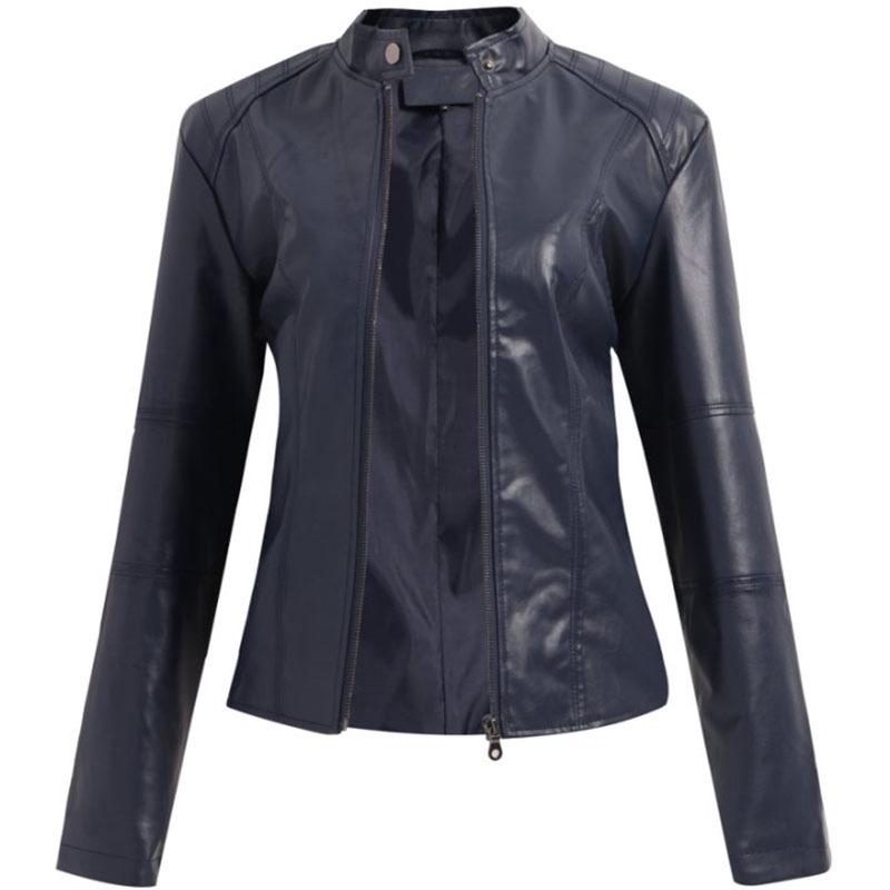 European Women's Slim Fit Leather Jacket Stand Collar Elegant Motorcycle Coat Plus Size