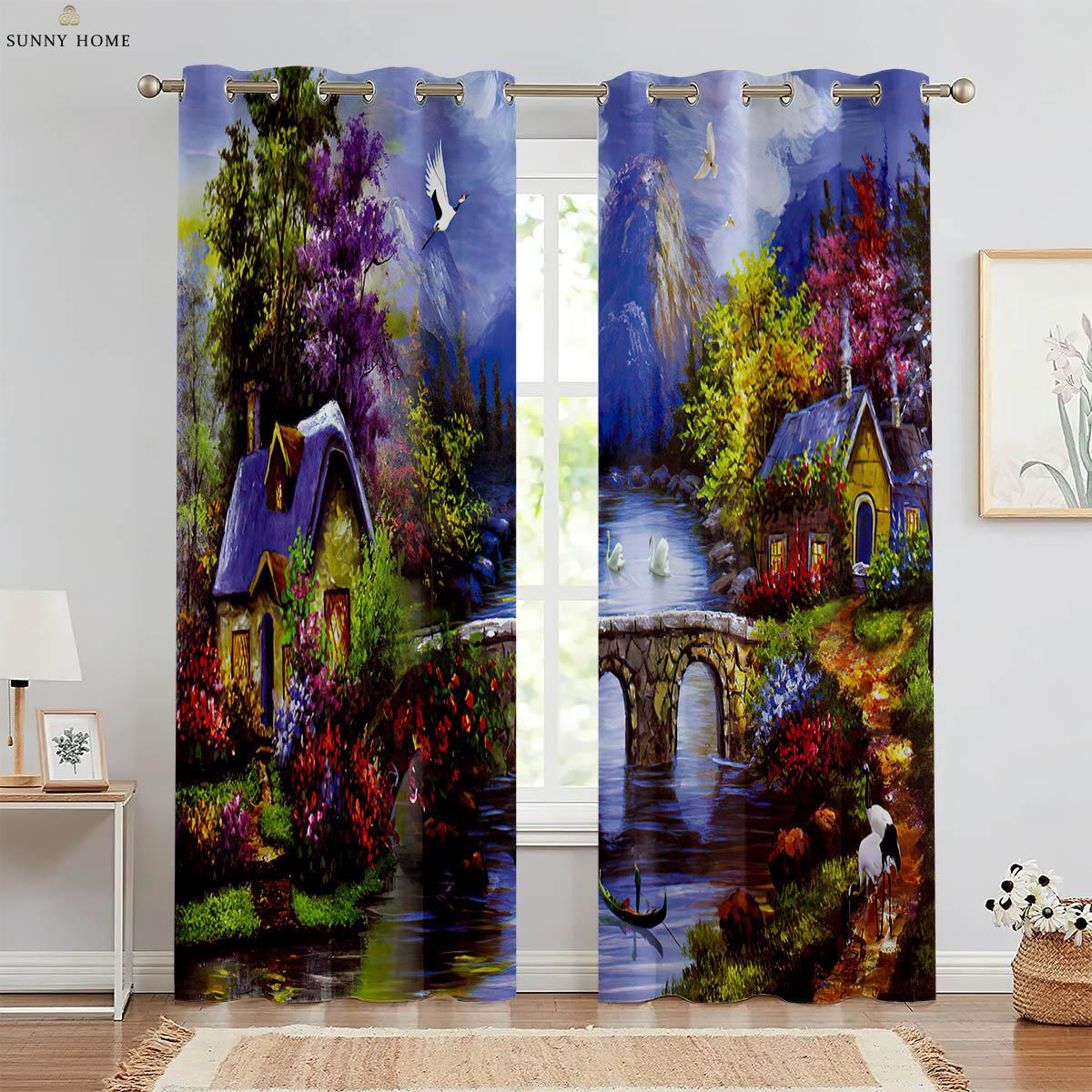 

Landscape Oil Painting 3D Print Printing Window Curtains Bedroom Space Study Dormitory Studio Ornamental Window Curtains 100% Polyester W50xH140(CM)x2PCS&Grommet Top