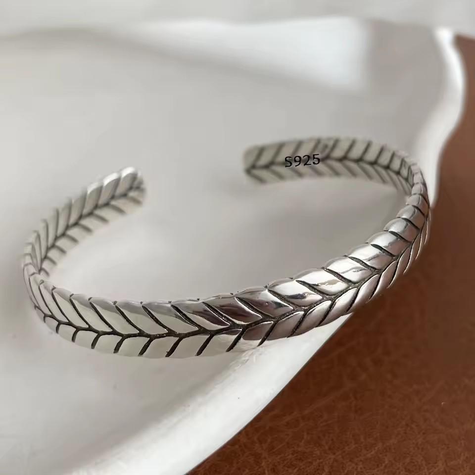 PANJBJ 925 Sterling Silver Irregular Geometry Texture Bangle Bracelet for Women Girl Minimalism Jewelry Gift Dropshipping