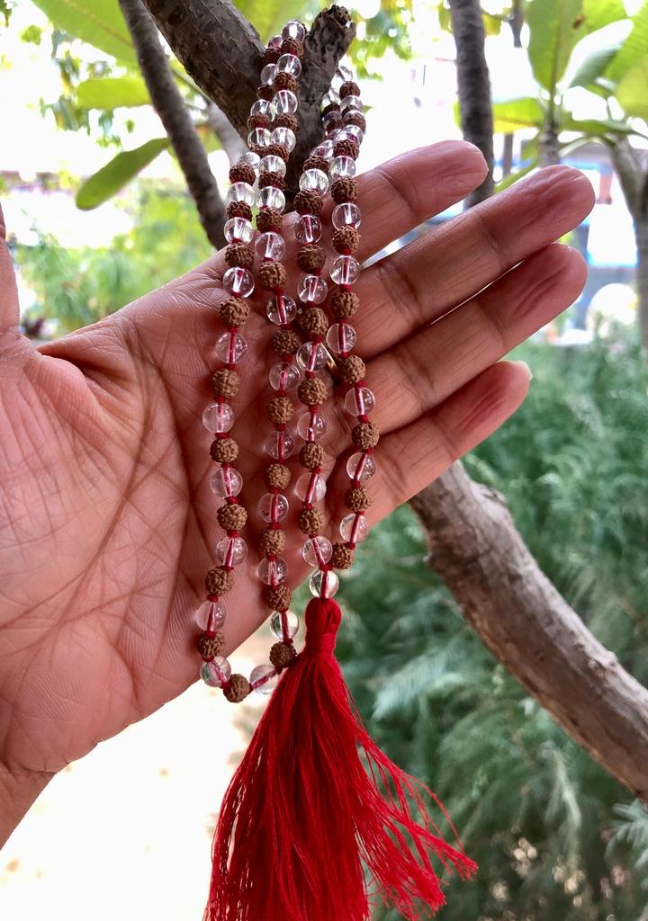 Indian Origin Rudraksha + Sfatik/ Sphatik Mala 108+1 Bead 5 mukhi 5 faces Lord Shivas Rosary Jaap Mala Yoga Prayer Healing Meditation 6 mm