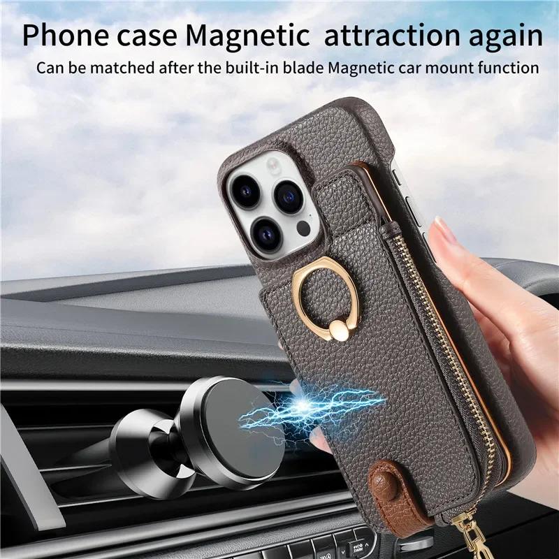 Leather Zipper Wallet with Card Holder Phone Case for IPhone 16E 16 15 14 13 12 11 Pro Max XS XR 7 8 Plus Ring Kickstand Cover