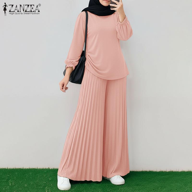 ZANZEA Women Long Sleeve Blouse and Wide Leg Pants Casual Two Piece Sets