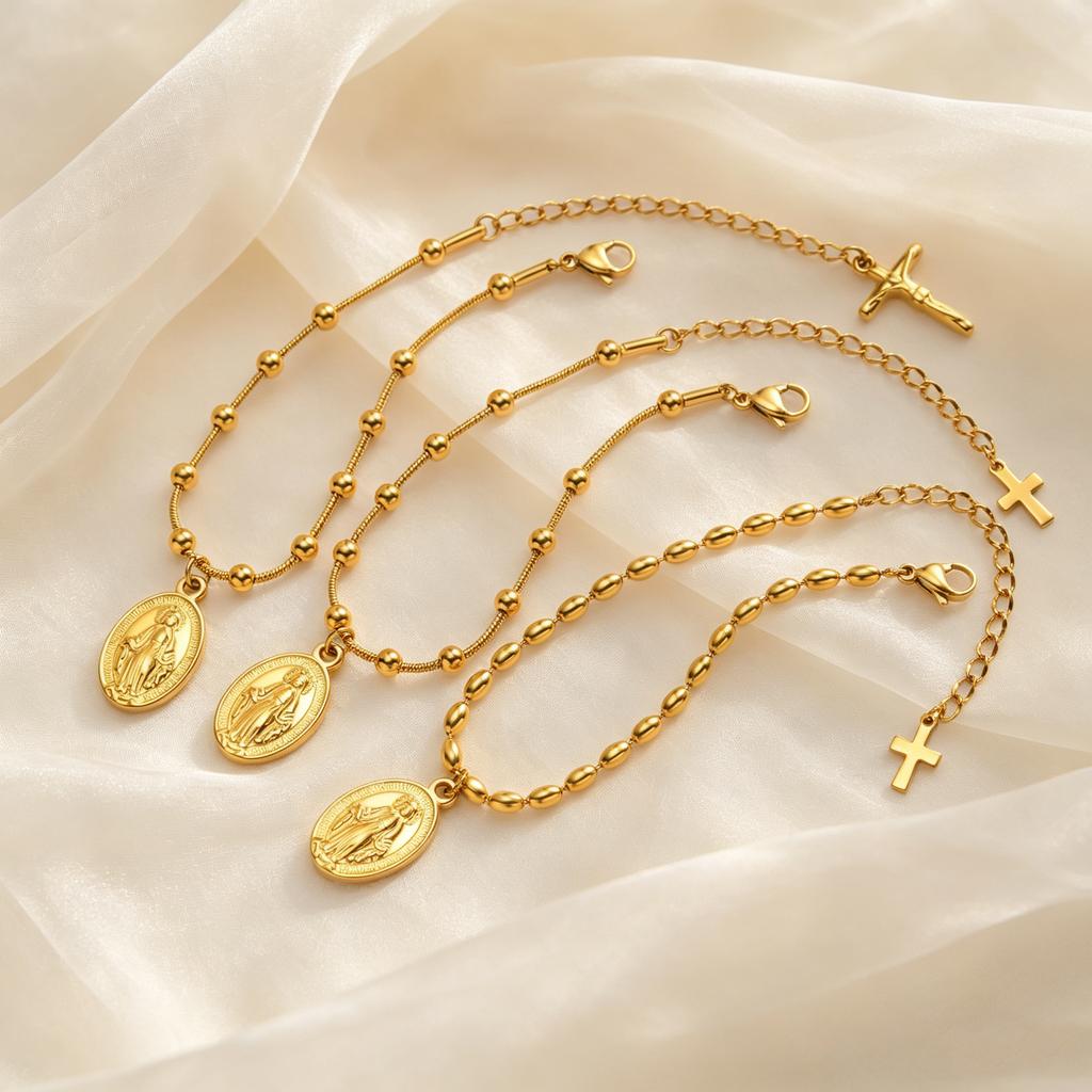 Virgin Mary Rosary Bracelet for Women, 18K Gold Plated Beads Chain Stainless Steel Bracelets, Religious Cross Pray Jewelry