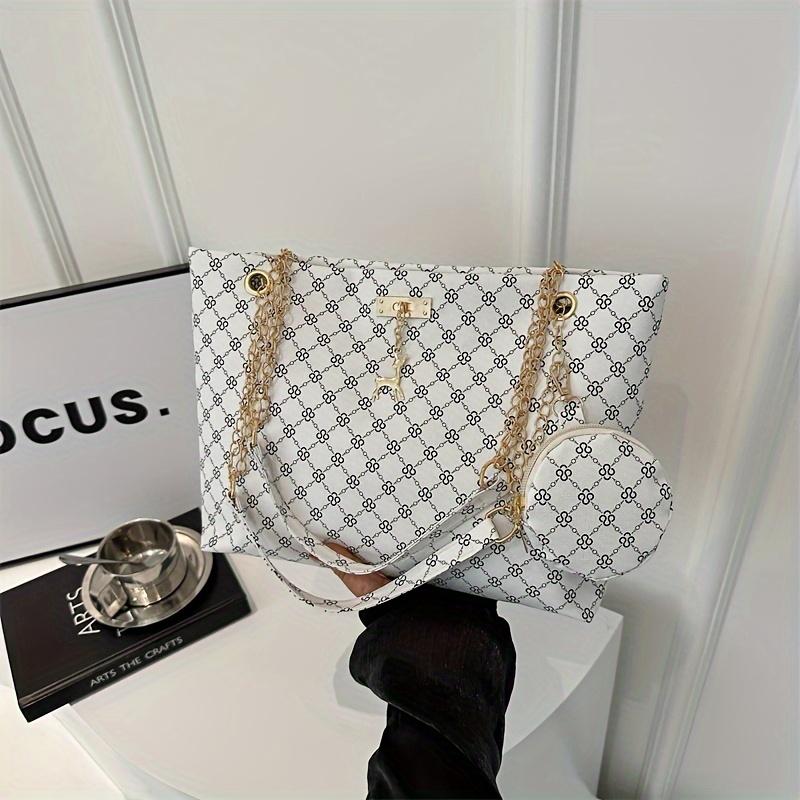 

Элегантный женский винтажный комплект из сумки через плечо с цепочкой, вместительной сумки-тоут и соответствующего кошелька, магнитная застежка, подкладка из полиэстера белый