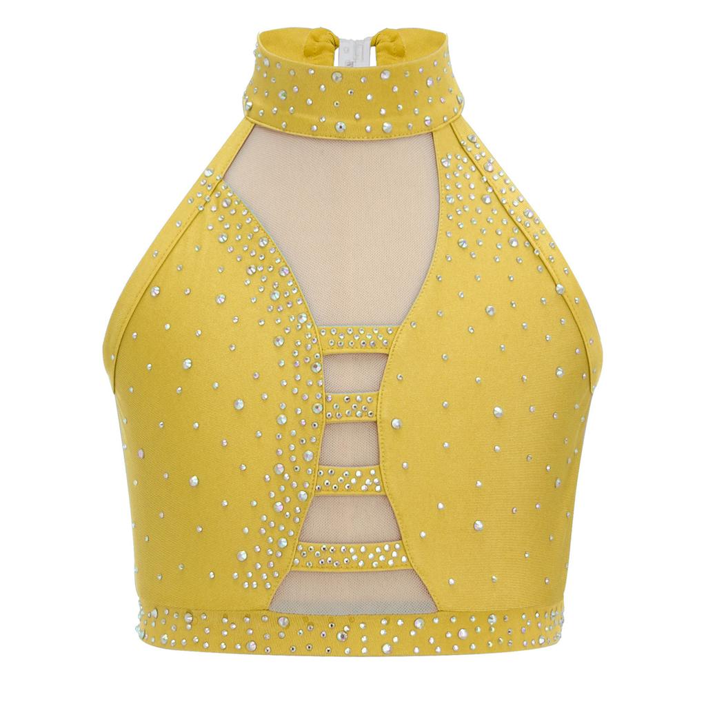 Girls Latin Dance Crop Top Halter Sleeveless Crisscross Back Mesh Patchwork Sparkling Rhinestones Vest