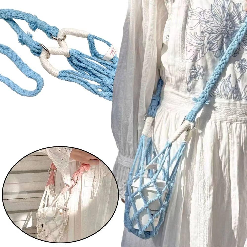 Cotton Rope Crochet Cup Holder Breathable Foldable Portable Coffee Cup Bag Easy To Carry with Strap Hollow Out Cup Sleeve Mugs