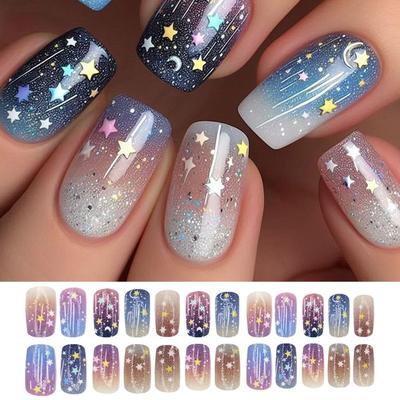 24 Stück Mittelgroße Quadratische Aufklebenägel Designs mit Weltraum-Thema Mond-Stern-Muster Acryl Glänzend Vollständige Abdeckung Falsche Nägel für Frauen