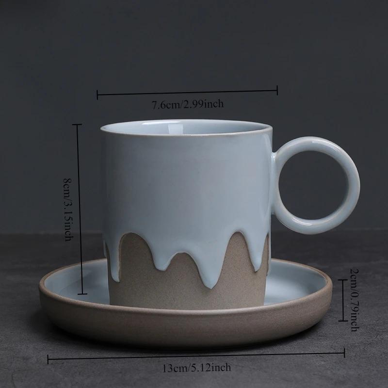 Creative Vintage Style Coarse Pottery Coffee Cup and Saucer Set with Flowing Glaze Finish for Latte Art Home Decor Use Gift Box