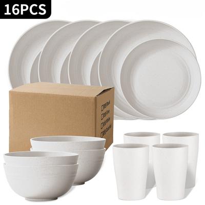 16PCS Wheat Straw PP Tableware Set Plates Bowls Cups for Home Restaurant Reusable Plastic Tableware Sets for 4 People Dinner