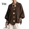 Women Knit Cardigan Oversized Sweater, Collared Top with Large Metal Relaxed Fit Buttons, Loose Lantern Sleeve Casual Sweater for Spring Autumn Button