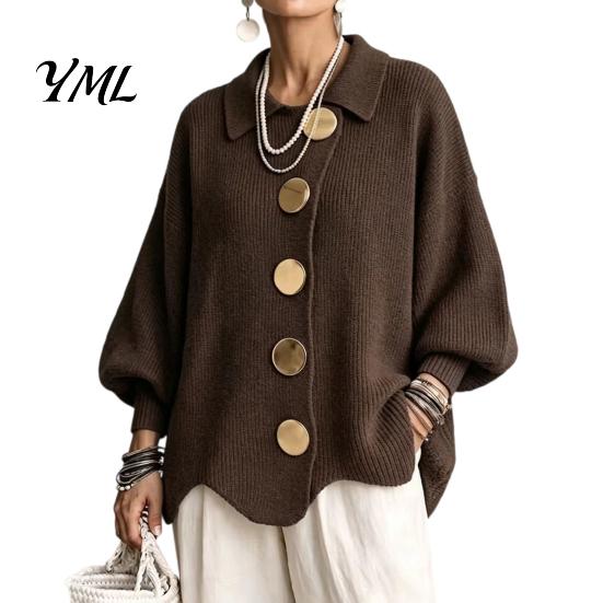 Women Knit Cardigan Oversized Sweater, Collared Top with Large Metal Relaxed Fit Buttons, Loose Lantern Sleeve Casual Sweater for Spring Autumn Button