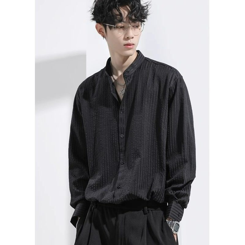 Style Bubble Puff Black Striped Long-sleeved Shirt Men's Spring and Autumn New Style High-end and Handsome Stand-up Collar