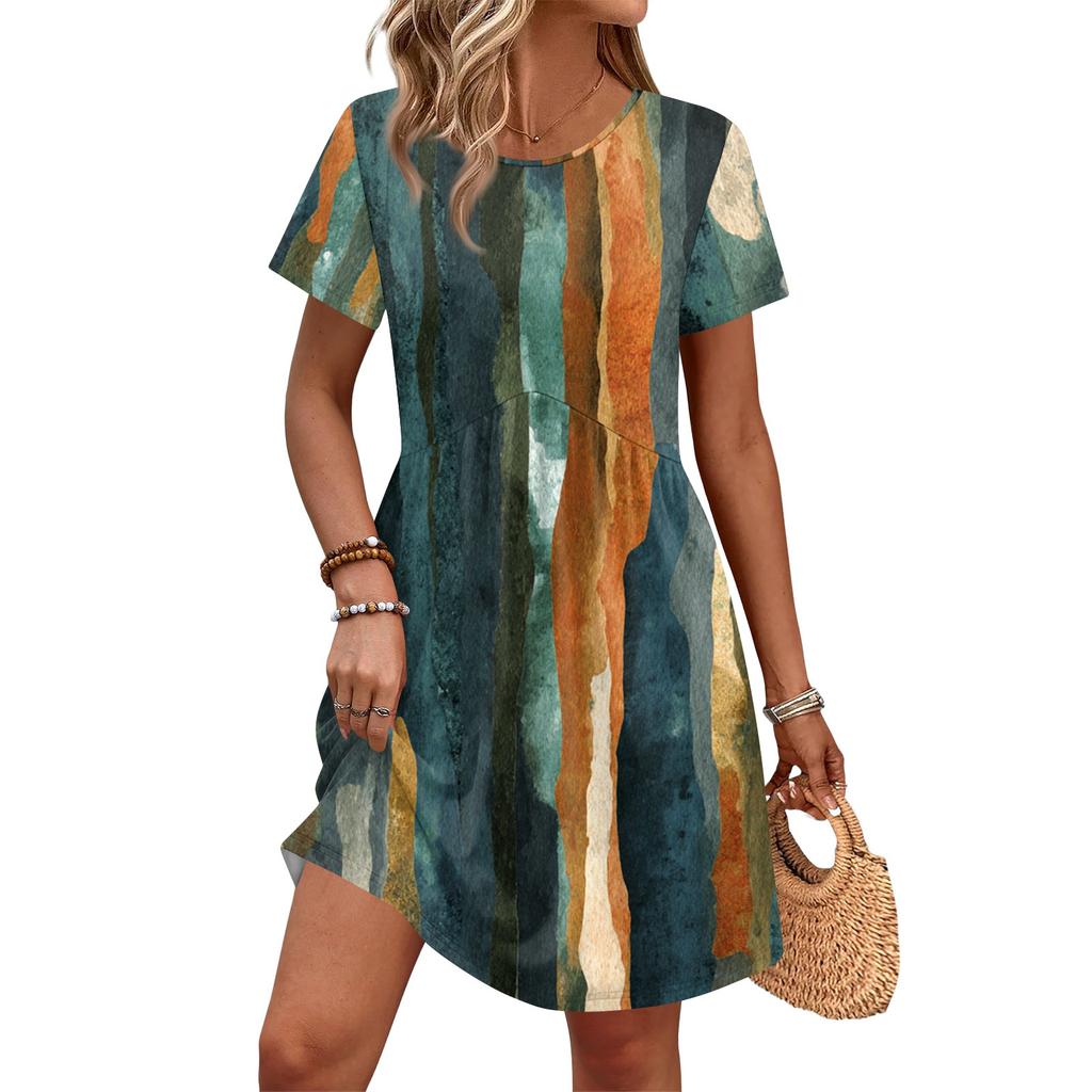 Dresses For Women Short Sleeve Print Round Neck Casual Dresses Waist Dress With Pockets