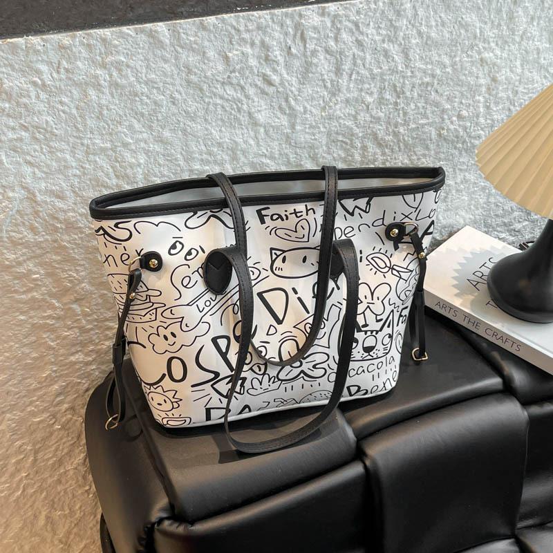 

Граффити Модная Принтованная Сумка Женская Личность Повседневная Большая Вместимость Сумка Через Плечо Студенческая Сумка-Тоут для Поездок на Учебу белый