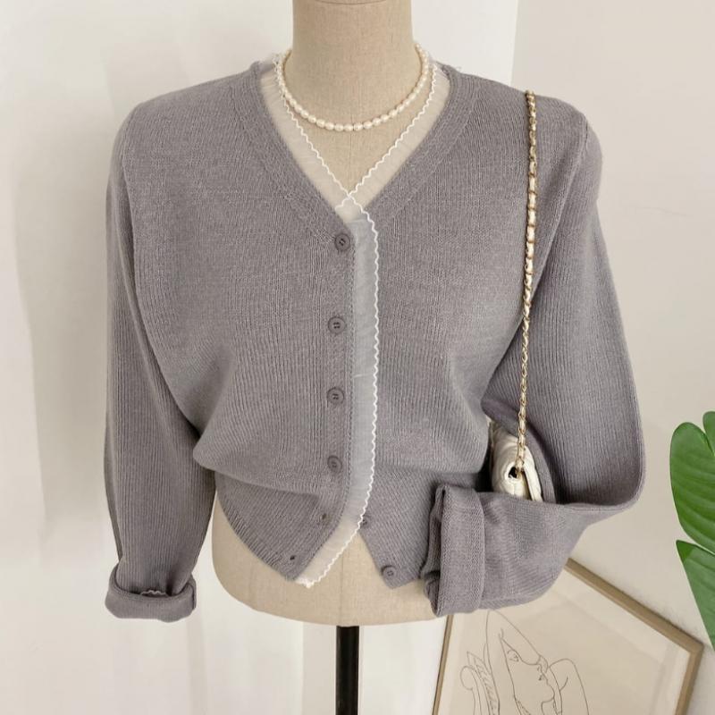 Honey J V Neck Chiffon Frill Contrast Knit Cardigan 2color