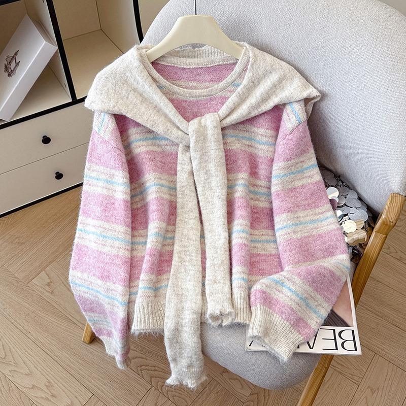 Women Striped Knit Sweater Two Piece Set Off Shoulder Shawl Collar Pullover Fall Winter Korean Style