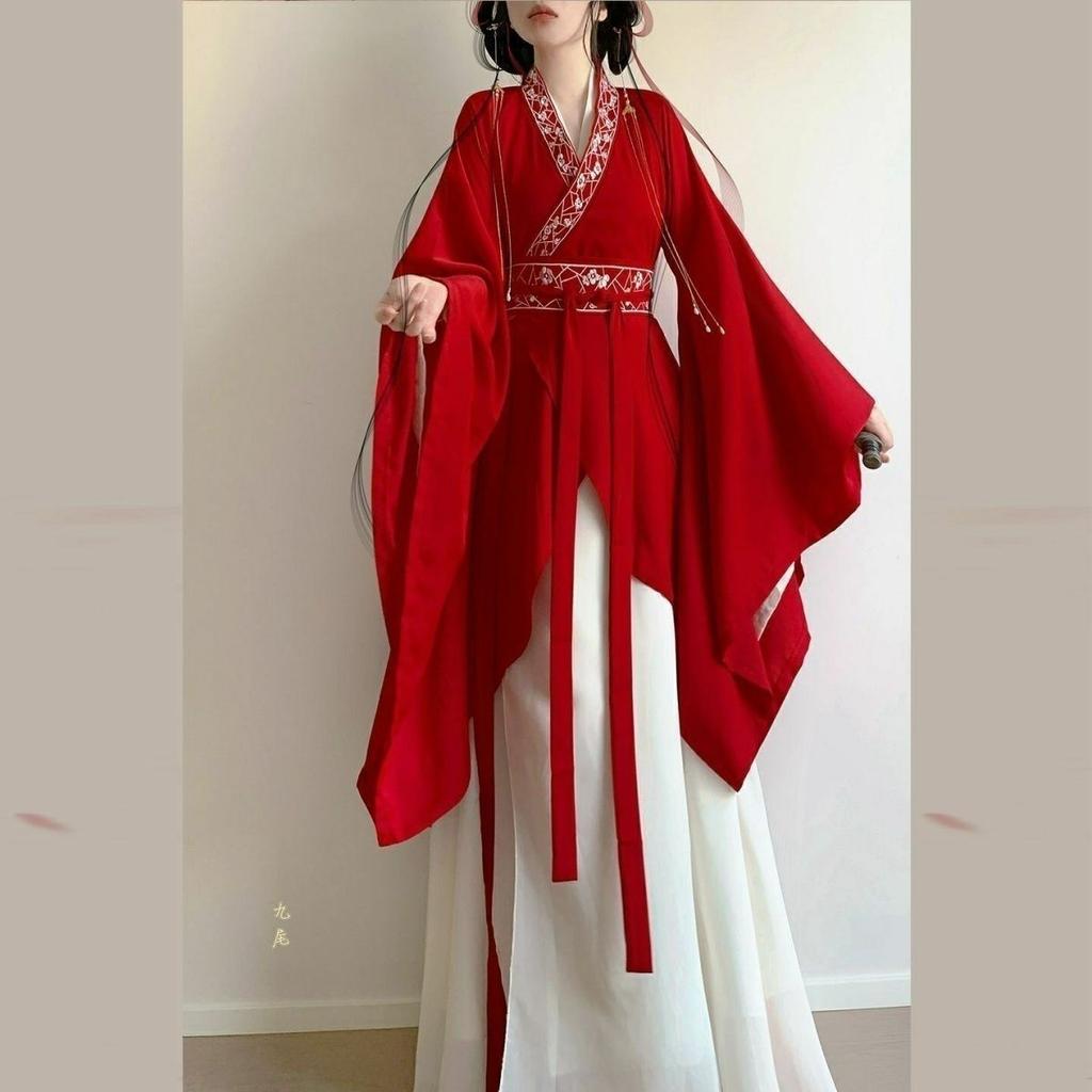 Dámský červený set Hanfu, výšivka, křížový límec, starověký čínský kostým pro Cosplay a každodenní nošení