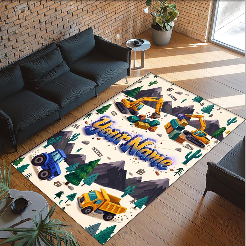 Construction Vehicles Theme Crystal Velvet Rug Personalized Custom Name Text Soft Floor Mat Home Decor