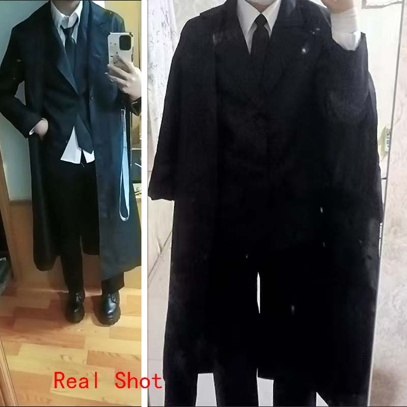 Men Full Set Cosplay Costume Anime Detective Uniform Men's Black Trench Coat for Halloween Daily Wear