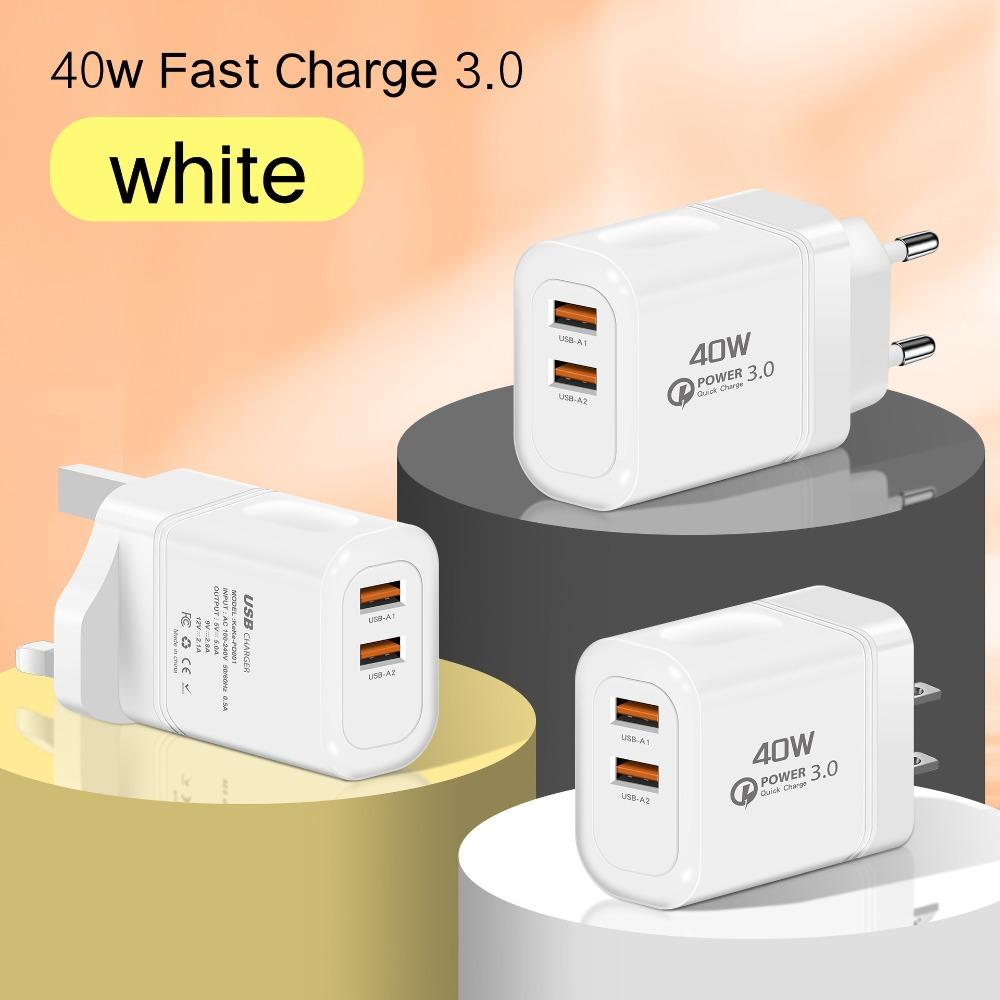 EU/US/UK 40W Charger Plug 2USB Quick Charge Adapter for iPhone/Xiaomi/Samsung