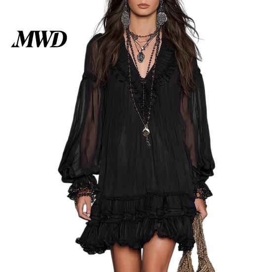 See-through Chiffon Sleeves Dress Women s Summer Mini Dress, Sheer Mesh Long Sleeve Tiered Ruffle Breathable Swing V Neck Casual Loose Beach Vacation XXL