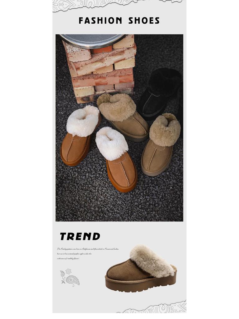 Women's Furry Leather Snow Boots - Thick Sole, Closed Toe, Non-Slip, Warm Slippers