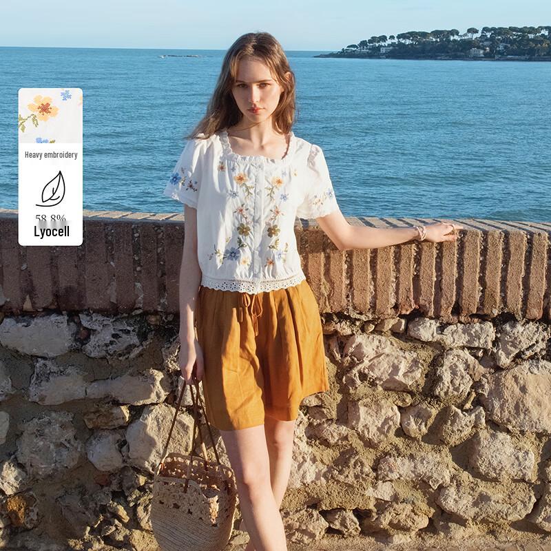 INMAN Lyocell French Embroidered Square-Neck Short Sleeve Blouse S