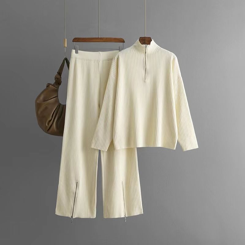 Fashion Wind Knitting Turtleneck Zipper Sweater Pants Suit Knitted Sweater and Pants Set