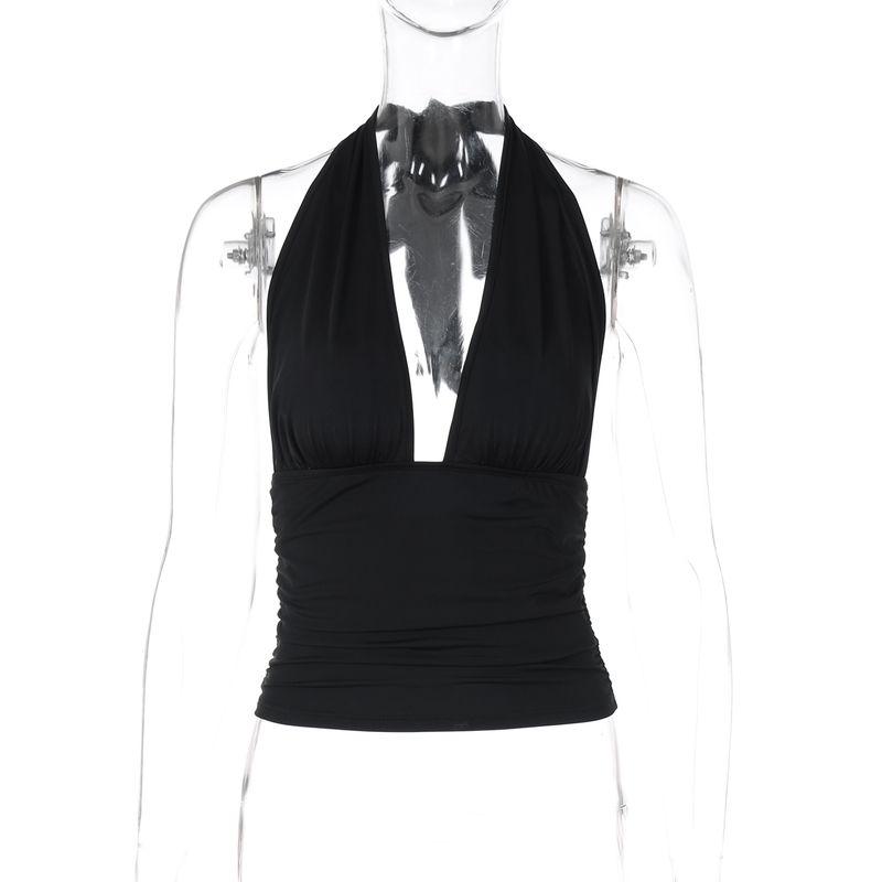 

Shemoda European and American Sexy Deep V Neck Open Back Halter Spaghetti Straps Vest Women s Ruched Stretch High Waist Silm Short Top Black S
