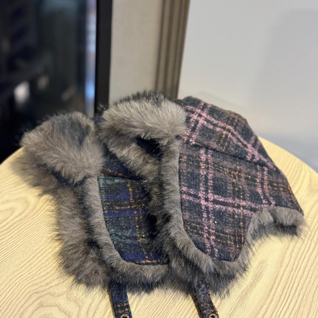 New Plush Plaid Lei Feng Hat Women's Winter Outdoor Cycling Ear Protection Hat Showing Face Small Cold Protection Thickened Warm Hat