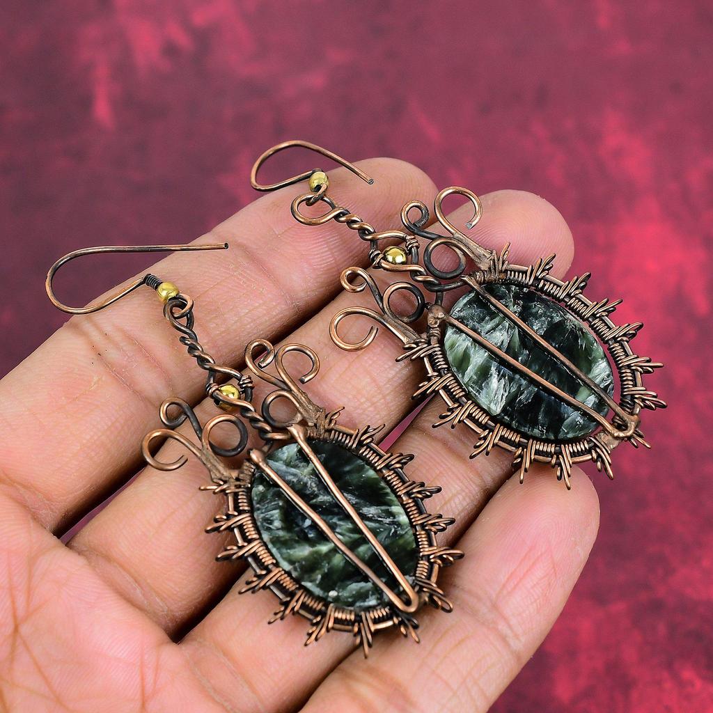 Brincos de pedra serafinita brincos com arame de cobre enrolado brinco delicado feito à mão joias de arame de cobre brinco longo incrível presente de aniversárioS