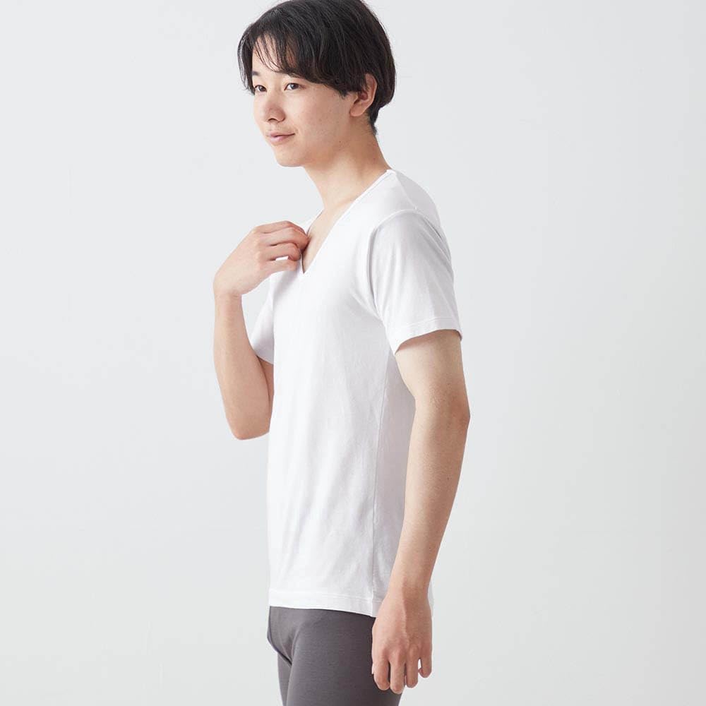 Belle Maison Short Sleeve Cotton Blend Warm Inner Size L Men's V-Neck Shirt, Hotcot, Off-White,