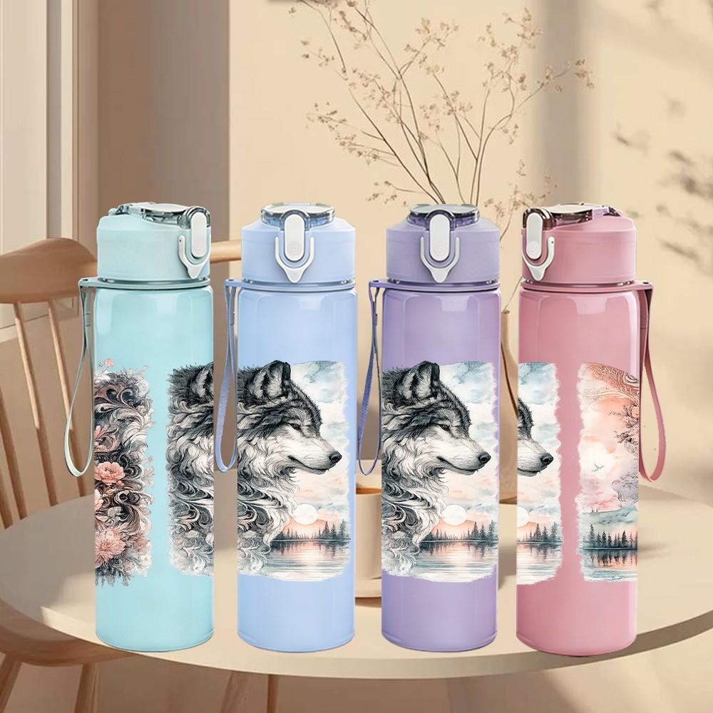 1PC Twin Tiger Dark Vintage Animal Art 750ml Color Plastic Sports Water Bottle Leakproof Flip Straw Lid Suitable for Sports Office Home Use
