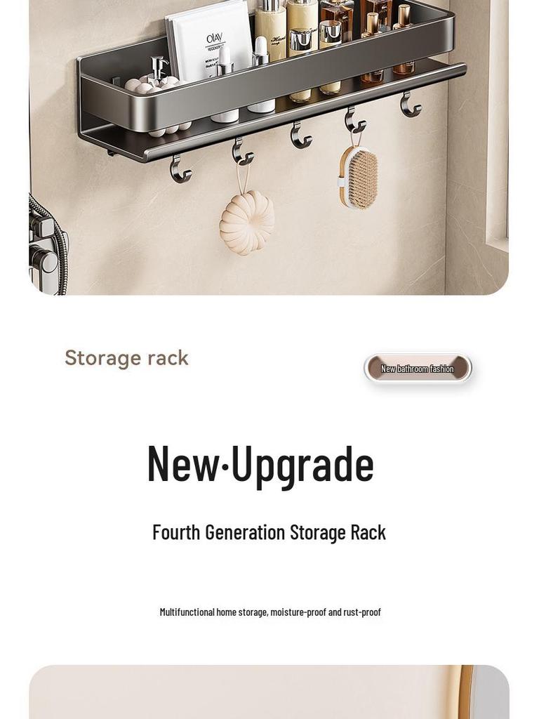 Luxuriöses wandmontiertes, lochfreies Badezimmerregal mit Haken & Stange