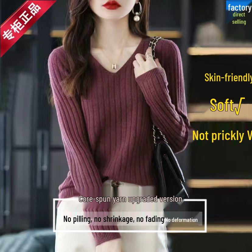 

Women s V-Neck Long Sleeve Knitted Slimming Sweater - Versatile Autumn/Winter Innerwear Top Large