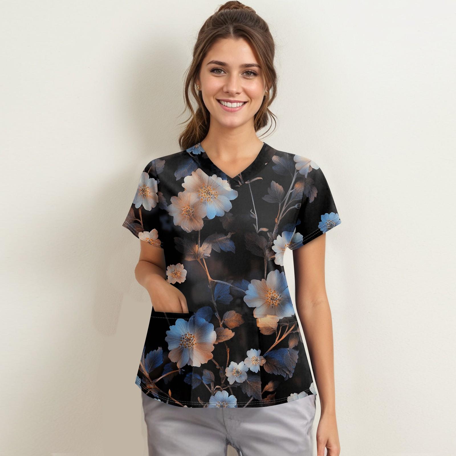 

Женская мода с v-образным вырезом, короткими рукавами и карманами, топы с принтом S чёрный