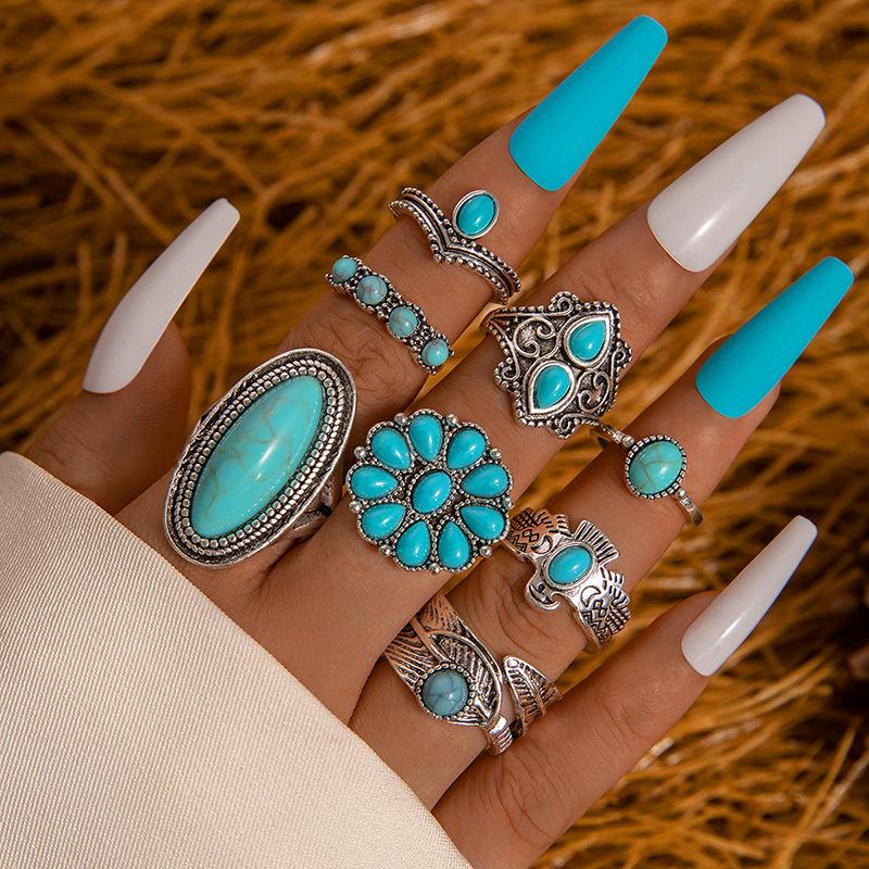 Ethnic style vintage turquoise carved feather ring fashion personality 8-piece combination ring set