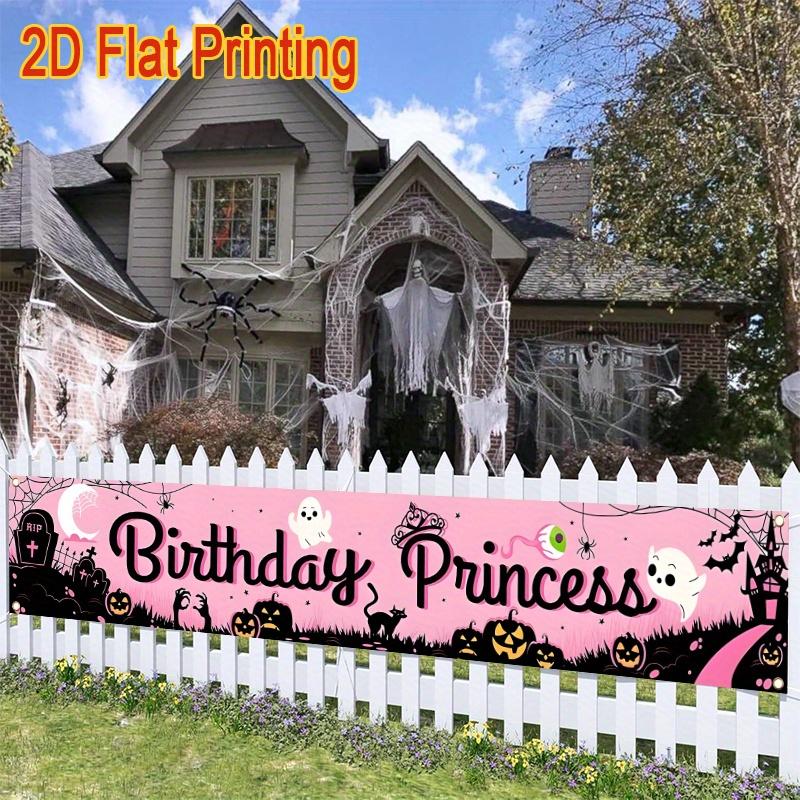 Halloween Birthday Princess Banner, Jack-O'-Lanterns Bats & Haunted House Design, Polyester Outdoor Indoor Garden Porch Fence Decoration