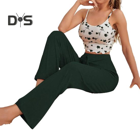 Zweiteiliges Pyjama-Set für Damen, ärmellos, Camisole, bauchfreies Top, weites Bein, Hose, Sommer, lässiges Lounge-Nachtwäsche-Set