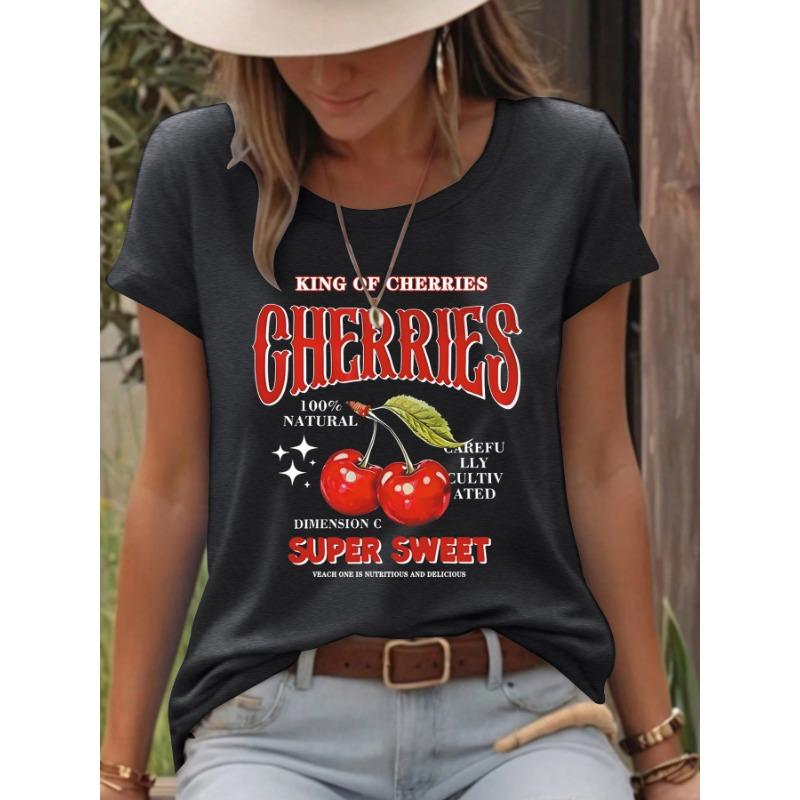 Damen Modisches Kurzarm Kirsch Sommer T-Shirt Top