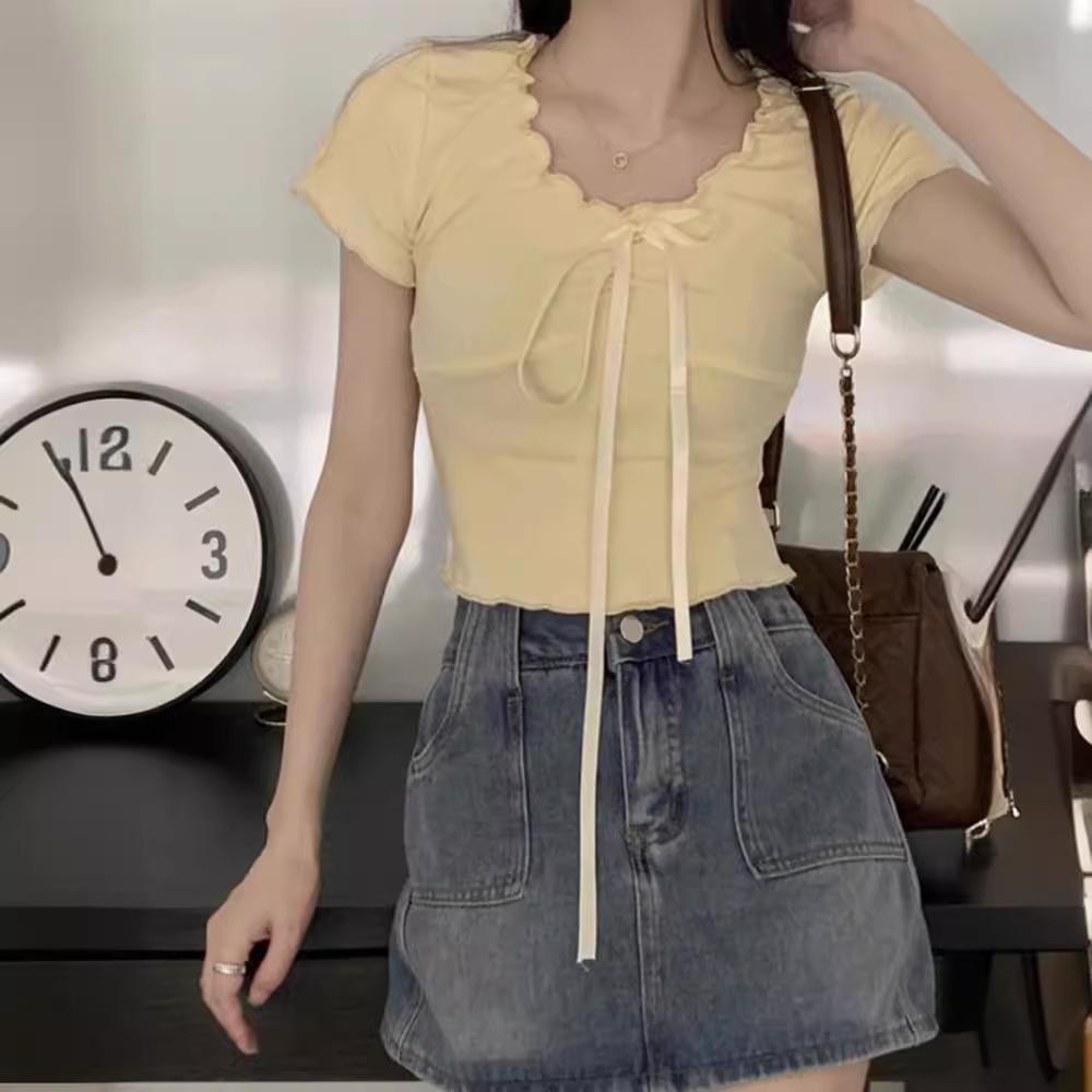 Women's V Neck Short Sleeve Crop Top Slim Fit Sweet Style Ruffle Drawstring T Shirt