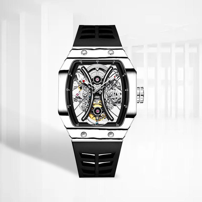 Ceas Mecanic de Modă Swiss True Tourbillon pentru Bărbați cu Curea de Cauciuc și Design Pătrat Gol
