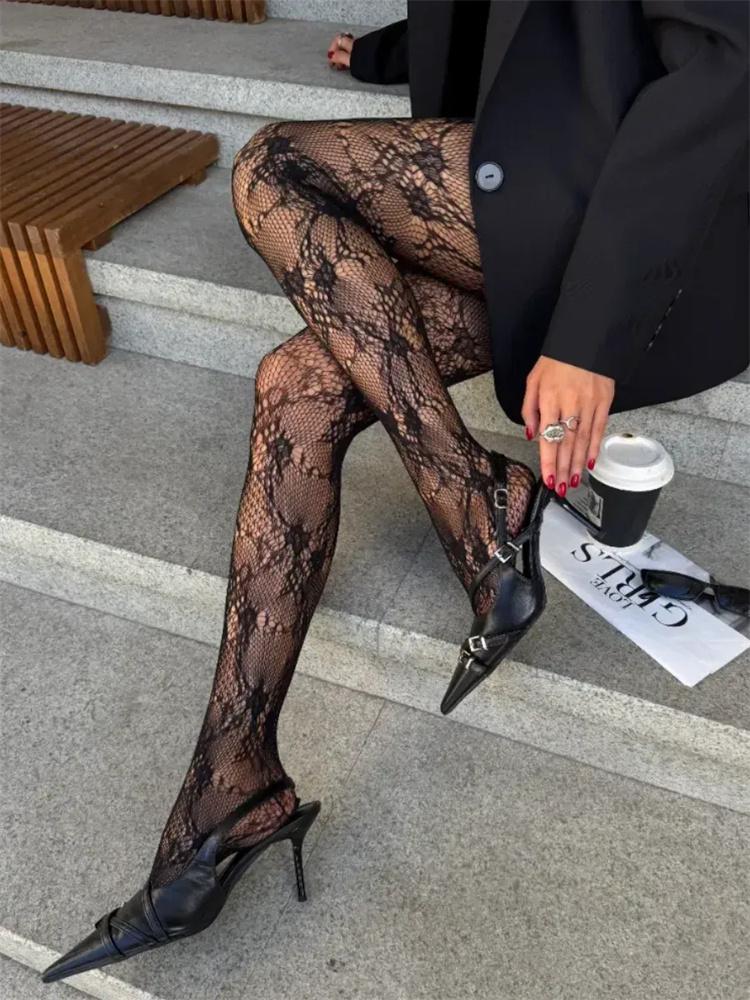 Fashion Lace Patterned Tights Women Sexy Hollow Out Fishnet Floral Stockings Y2K Pattern Leggings Net Pantyhose Vintage