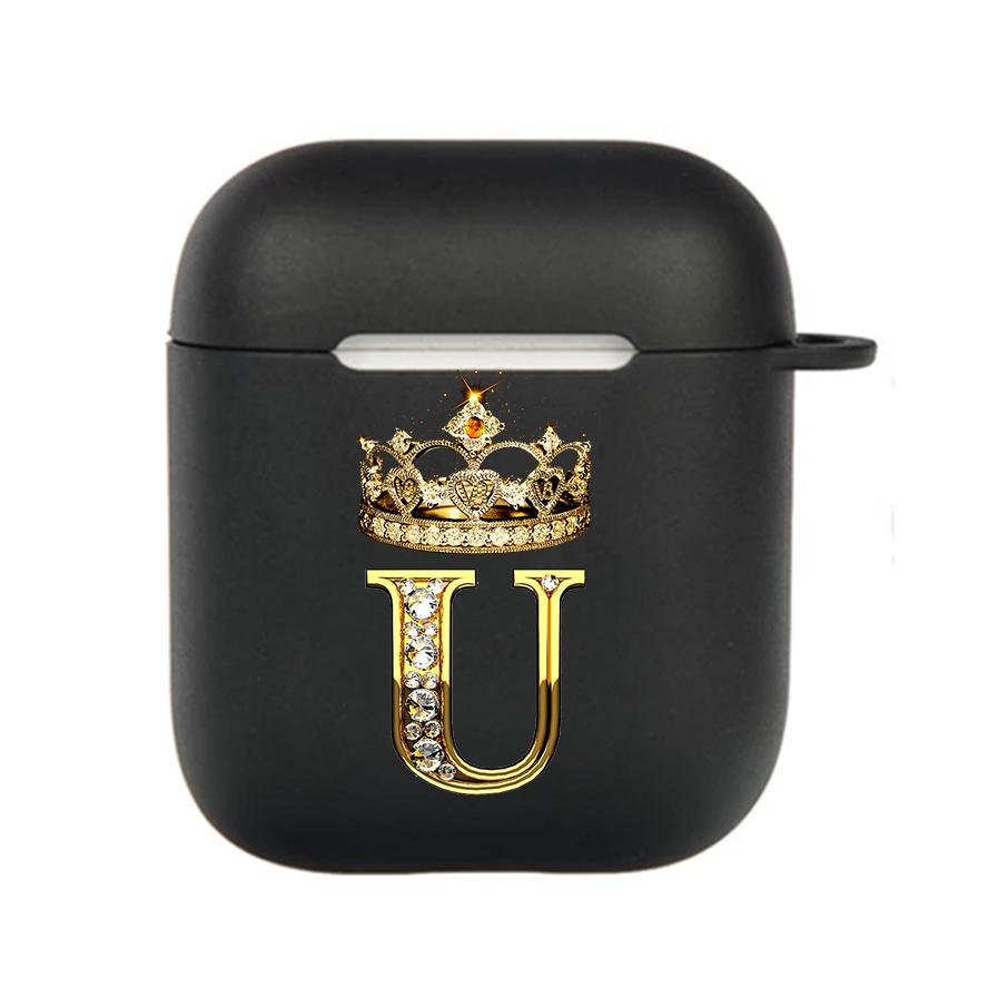 Diamond Crown Letter 26 With Hook Case For AirPods 2 3 1 Cases For Apple AirPods Pro 2 Coque Black TPU Soft Earphone Cover